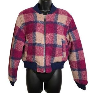 House of Harlow 1960 Wool Blend Bomber Jacket Pink and Blue Plaid Zip Front